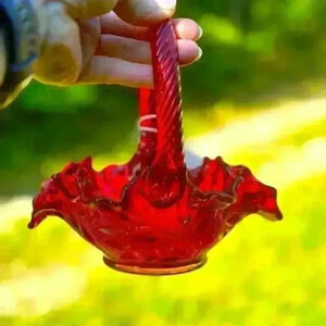 Fenton Glass basket. Ruby. Still has original tags. Scalloped edges. Makers mark